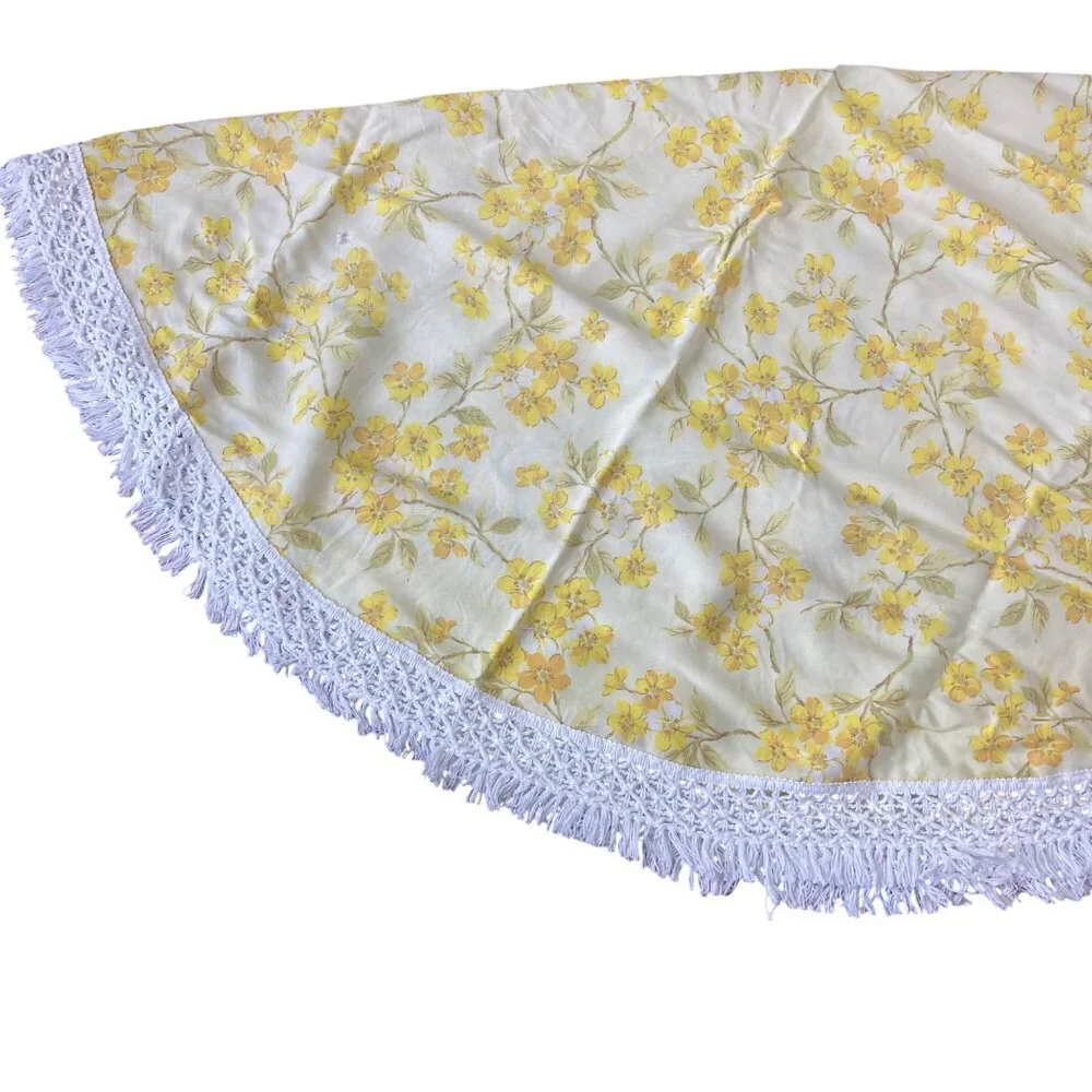 Vintage Handmade Yellow Floral Tablecloth Crochet Edge Fringe 64" Round Spring - Picture 9 of 9